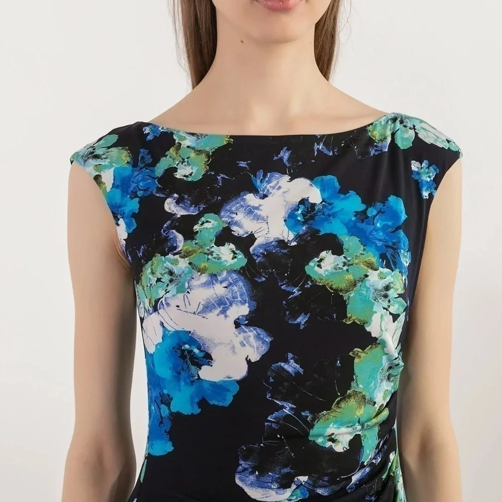LAUREN Ralph Lauren Dress Ruched Cap Sleeves Lined Black Blue Floral Stretch Sz4 - Picture 13 of 14
